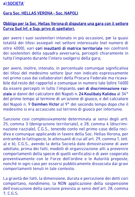 Verona-Napoli Giudice Sportivo